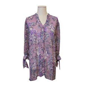 Womens Bellina Purple Floral Blouse Long Sleeve Sheer Summer Cottage Sz XL